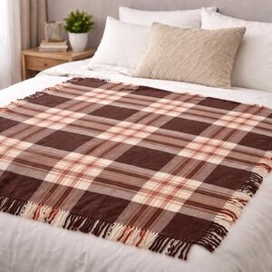 Faribo Wool Plaid Throw Blanket Fringe Cabin Lodge Brown Red Tan 52x45